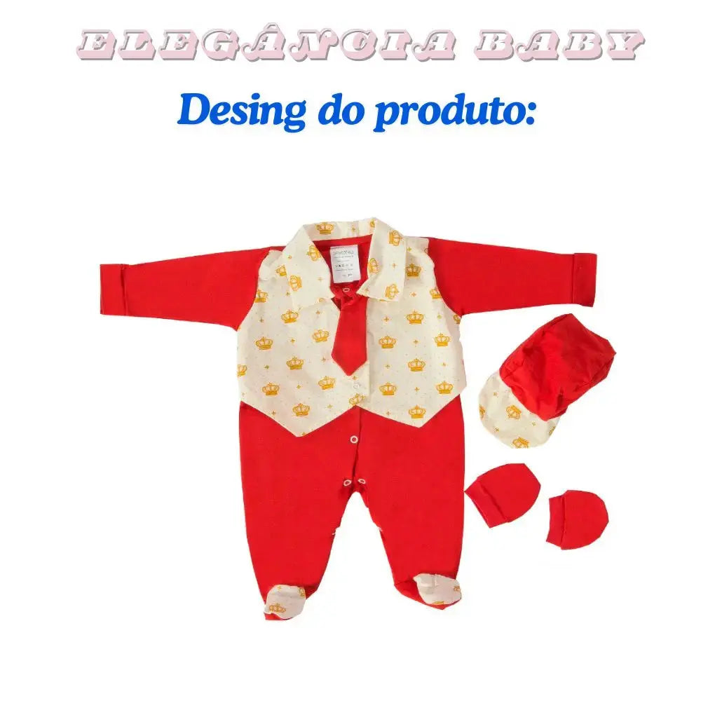 Conjunto de Roupa Maternidade Vermelha com Estampa de Coroas - Jumpsuit, Almofada, Chapéu e Luvas de Algodão 100% - Comodidade Garantida Zaya