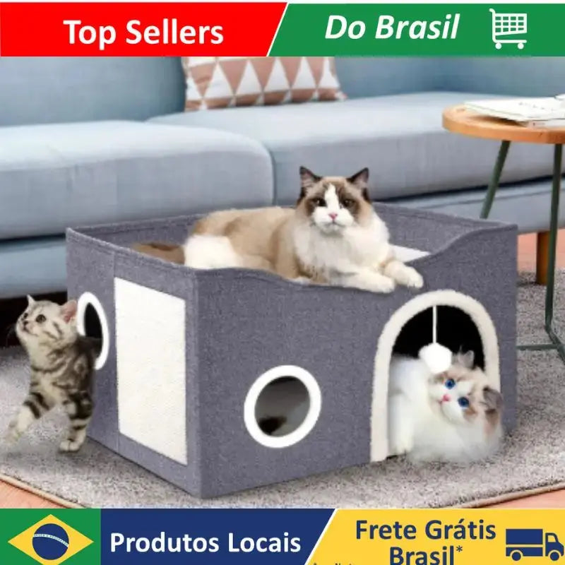 Casinha Gato 2 Andares Moderna com Arranhador e Bolinha de Pelúcia Zaya