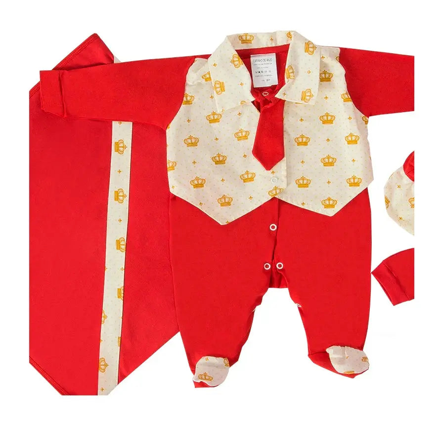 Conjunto de Roupa Maternidade Vermelha com Estampa de Coroas - Jumpsuit, Almofada, Chapéu e Luvas de Algodão 100% - Comodidade Garantida - Vivariso