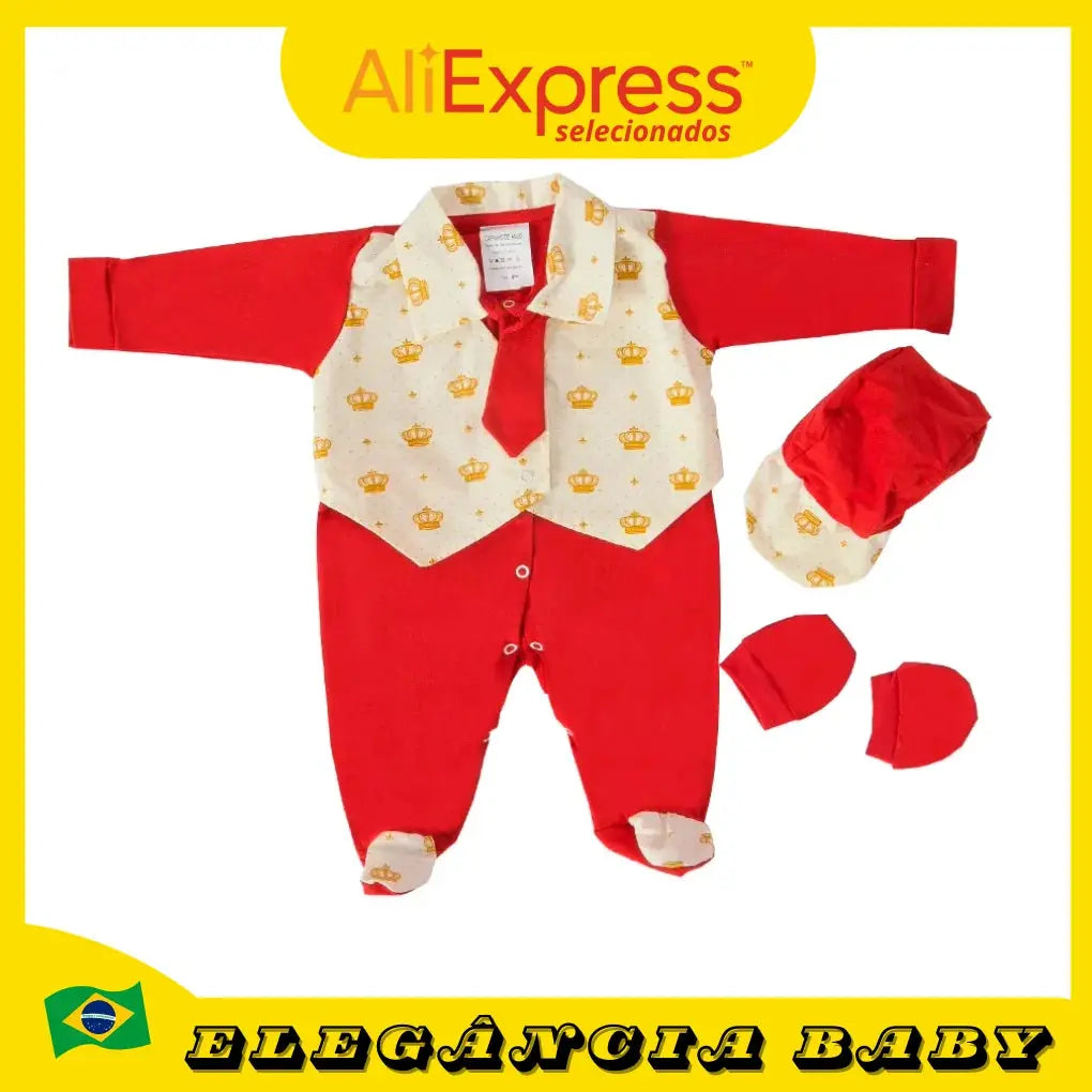 Conjunto de Roupa Maternidade Vermelha com Estampa de Coroas - Jumpsuit, Almofada, Chapéu e Luvas de Algodão 100% - Comodidade Garantida Zaya