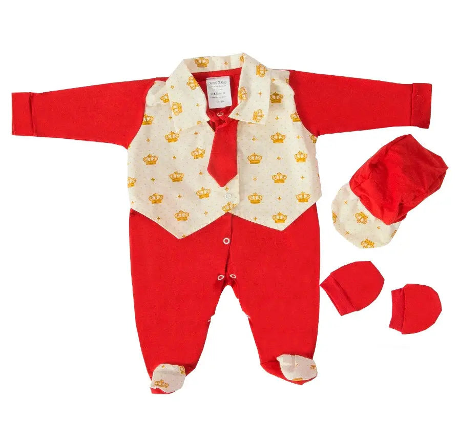 Conjunto de Roupa Maternidade Vermelha com Estampa de Coroas - Jumpsuit, Almofada, Chapéu e Luvas de Algodão 100% - Comodidade Garantida - Vivariso