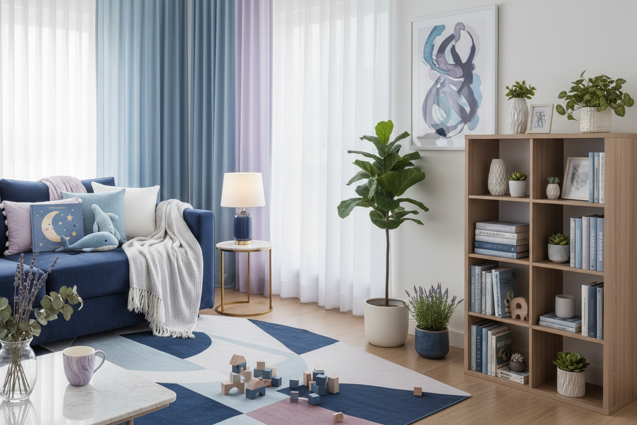 Banner completo com sala de estar azul e lavanda