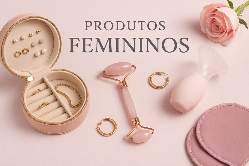 Produtos Femininos - صورة لمجموعة المنتجات النسائية تعرض مجموعة أنيقة من المنتجات النسائية مثل صناديق المجوهرات وأدوات التدليك الوجهي ومستلزمات الأمومة والرضاعة